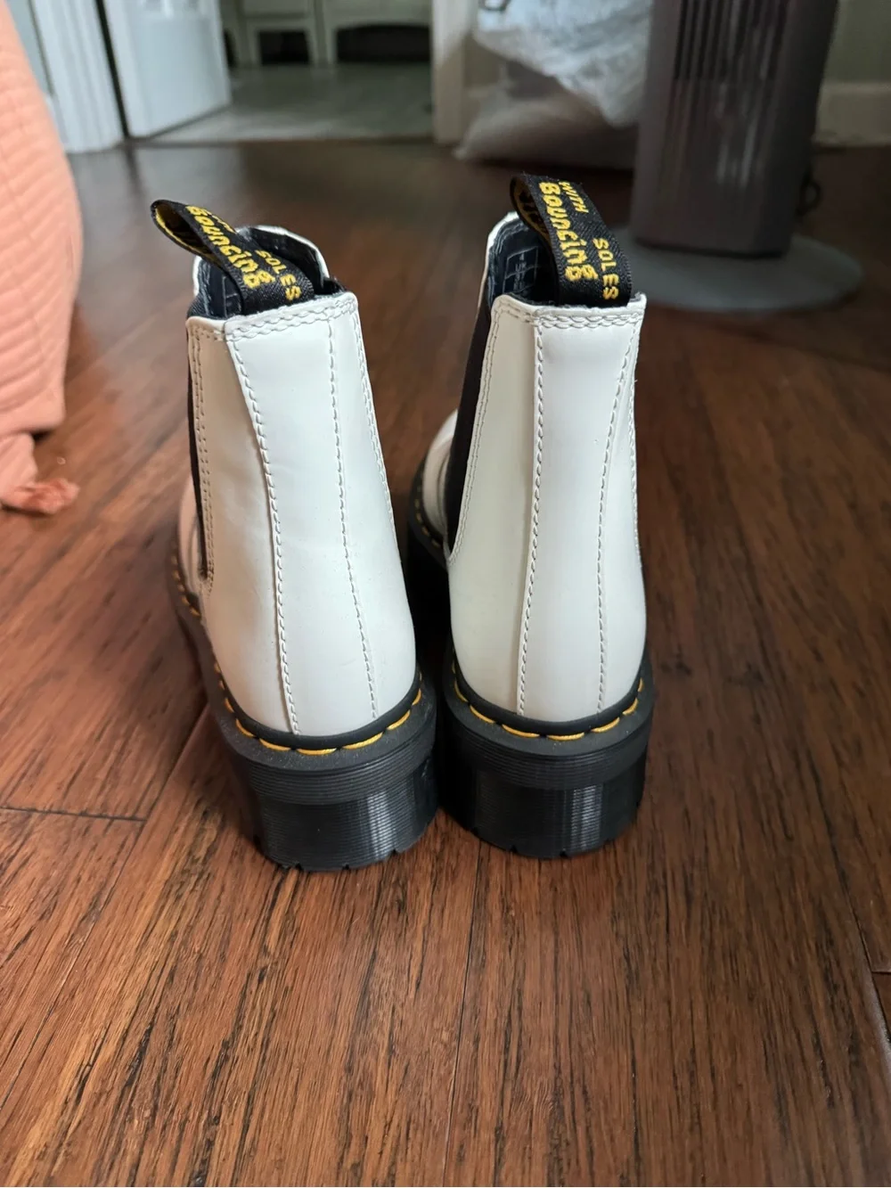 Dr. Martens White Kids Chelsea Boots with Black Elastic and Yellow Stitching